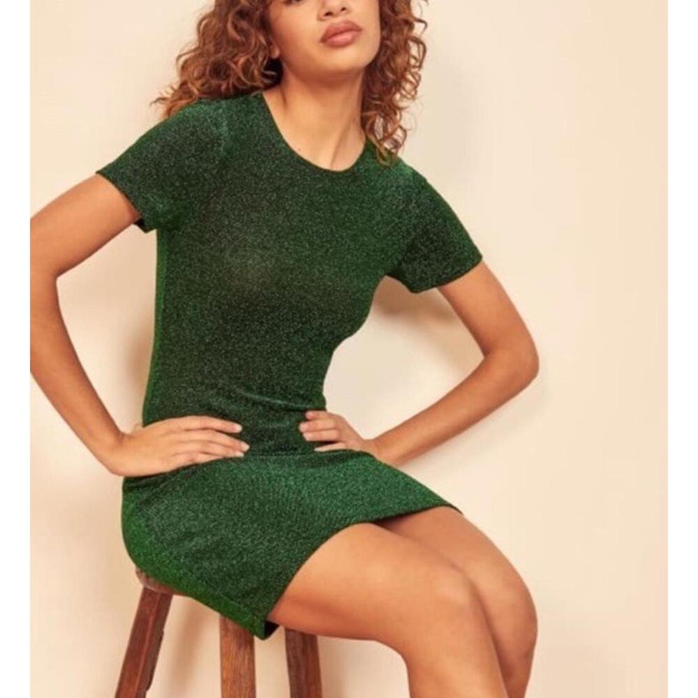 Reformation Amina Metallic Fleck Short Sleeve Mini Dress Green Black M Bodycon